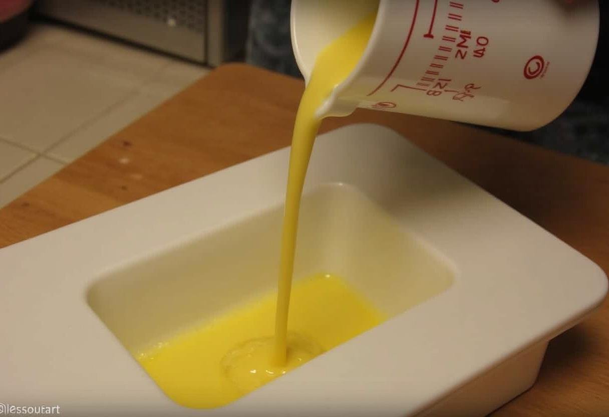 Hand pouring white gelatin mixture into the lampshade portion of the leg lamp mold.