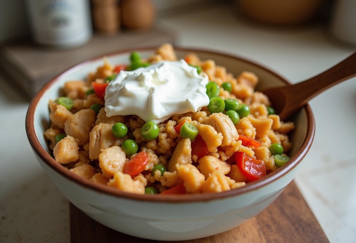 Diced chicken and mixed vegetables in a bowl for Coulson Comfort Casserole preparation.
