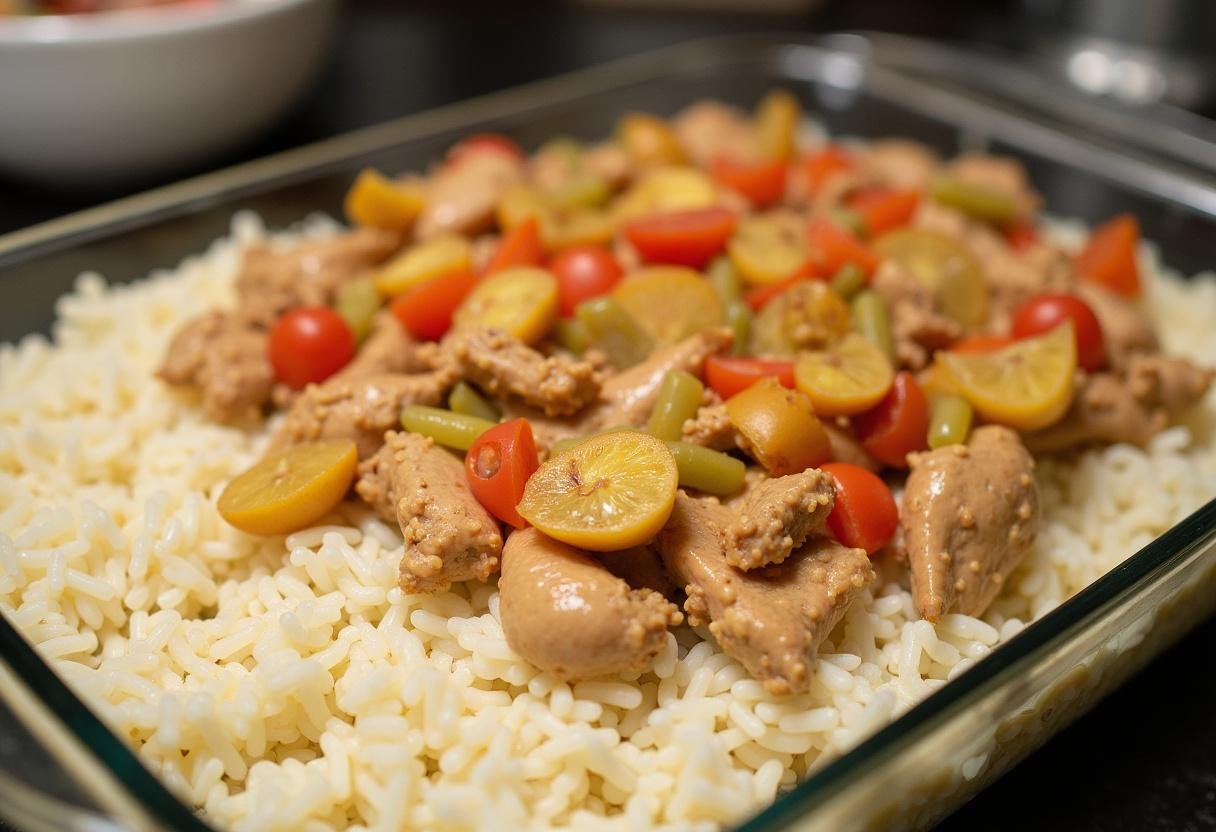 Cooked rice layer being prepared for Coulson Comfort Casserole.