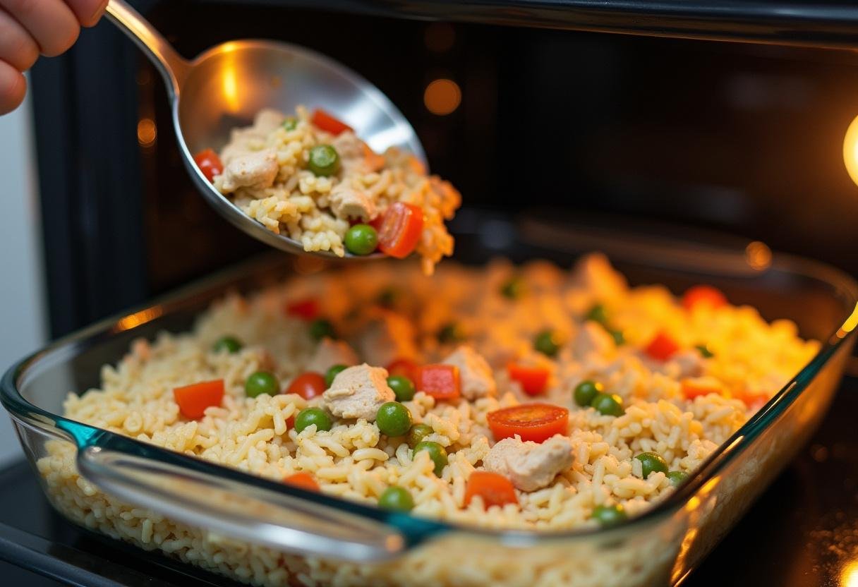Chicken and vegetable mixture being added to the rice layer for Coulson Comfort Casserole.