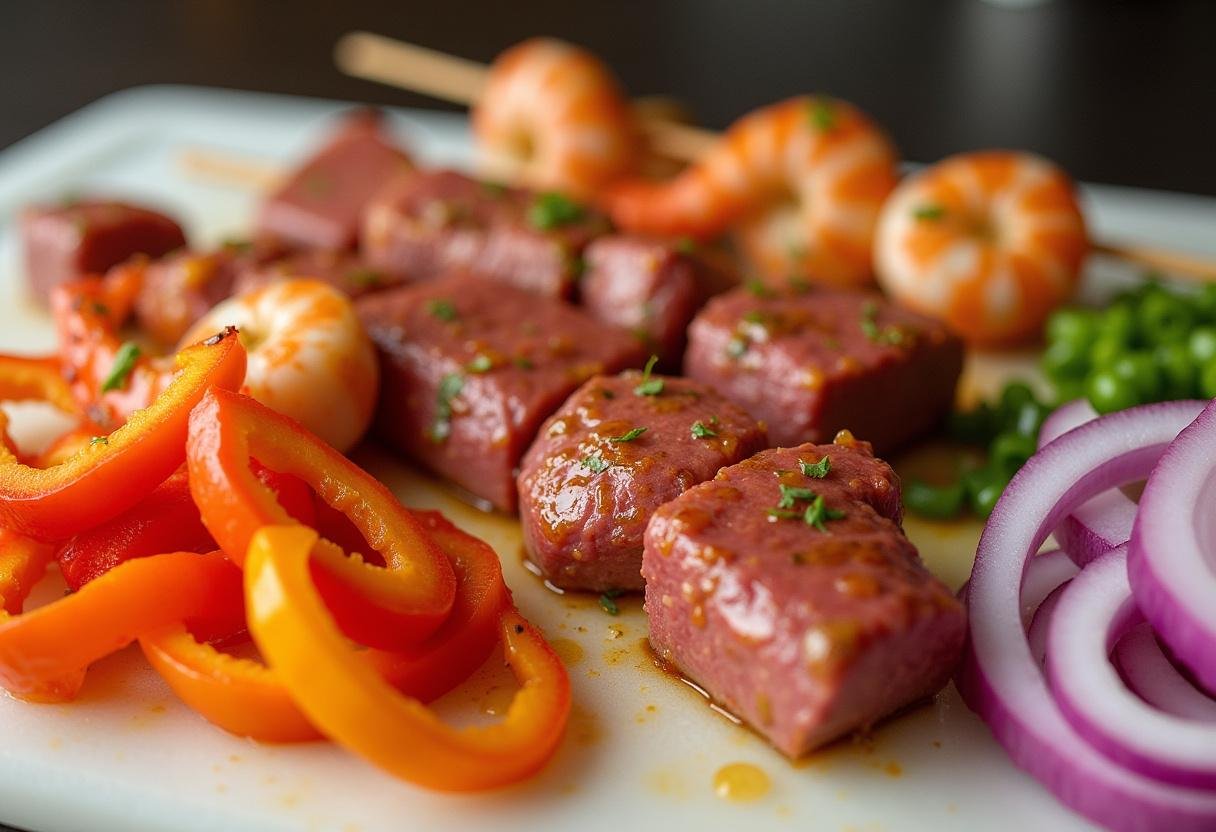 Marinated shrimp and beef chunks prepared alongside colorful vegetables for Surf-and-Turf Skewers.