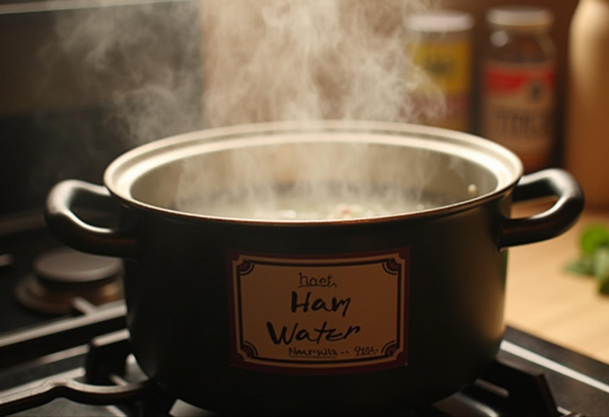 Pot of hot water labeled as 'Hot Ham Water' for Arrested Development recipe preparation.