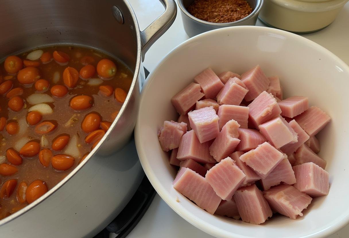 Diced ham and seasonings for creating Hot Ham Water from Arrested Development.