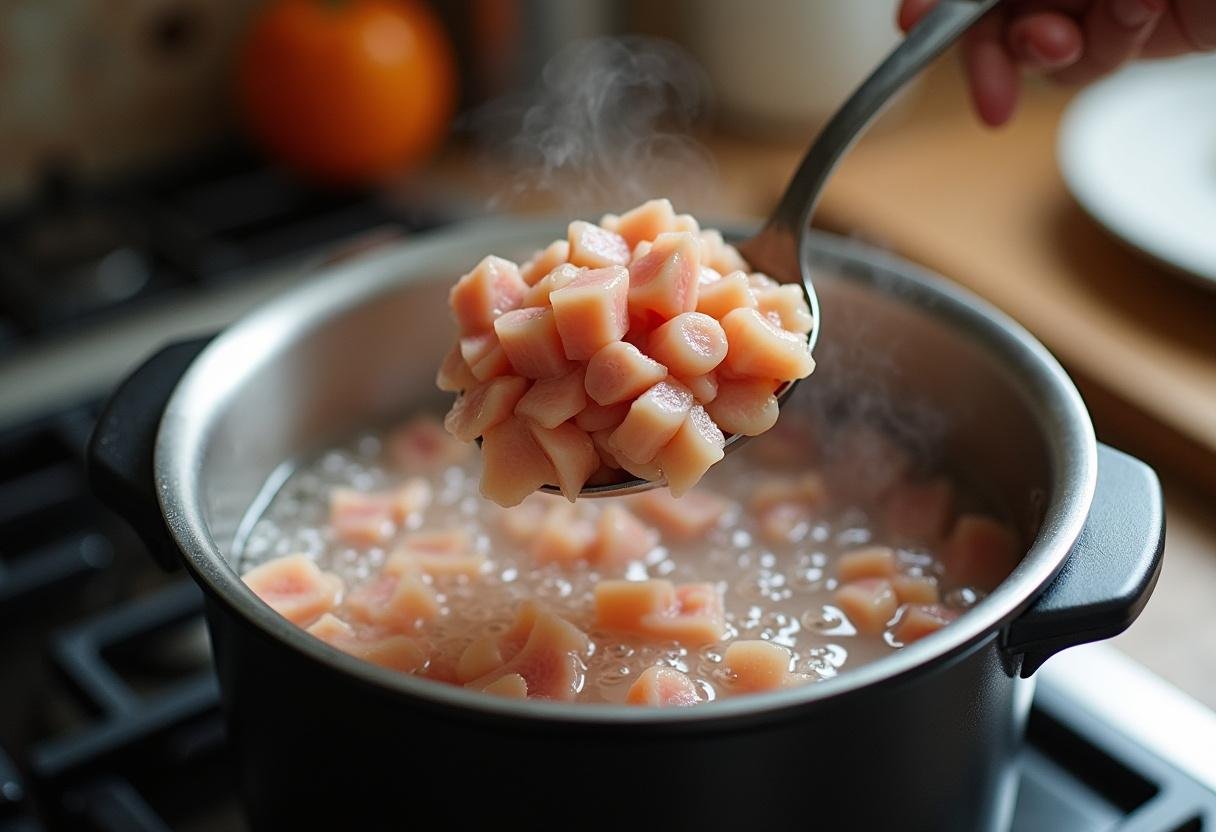 Diced ham being added to hot water for Arrested Development's Hot Ham Water recipe.