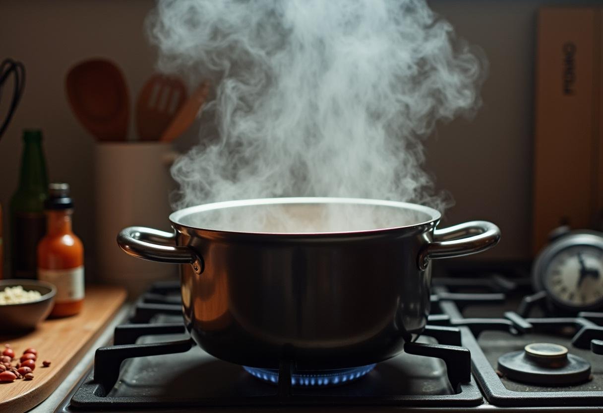 Pot of Hot Ham Water simmering on the stove, ready for serving.