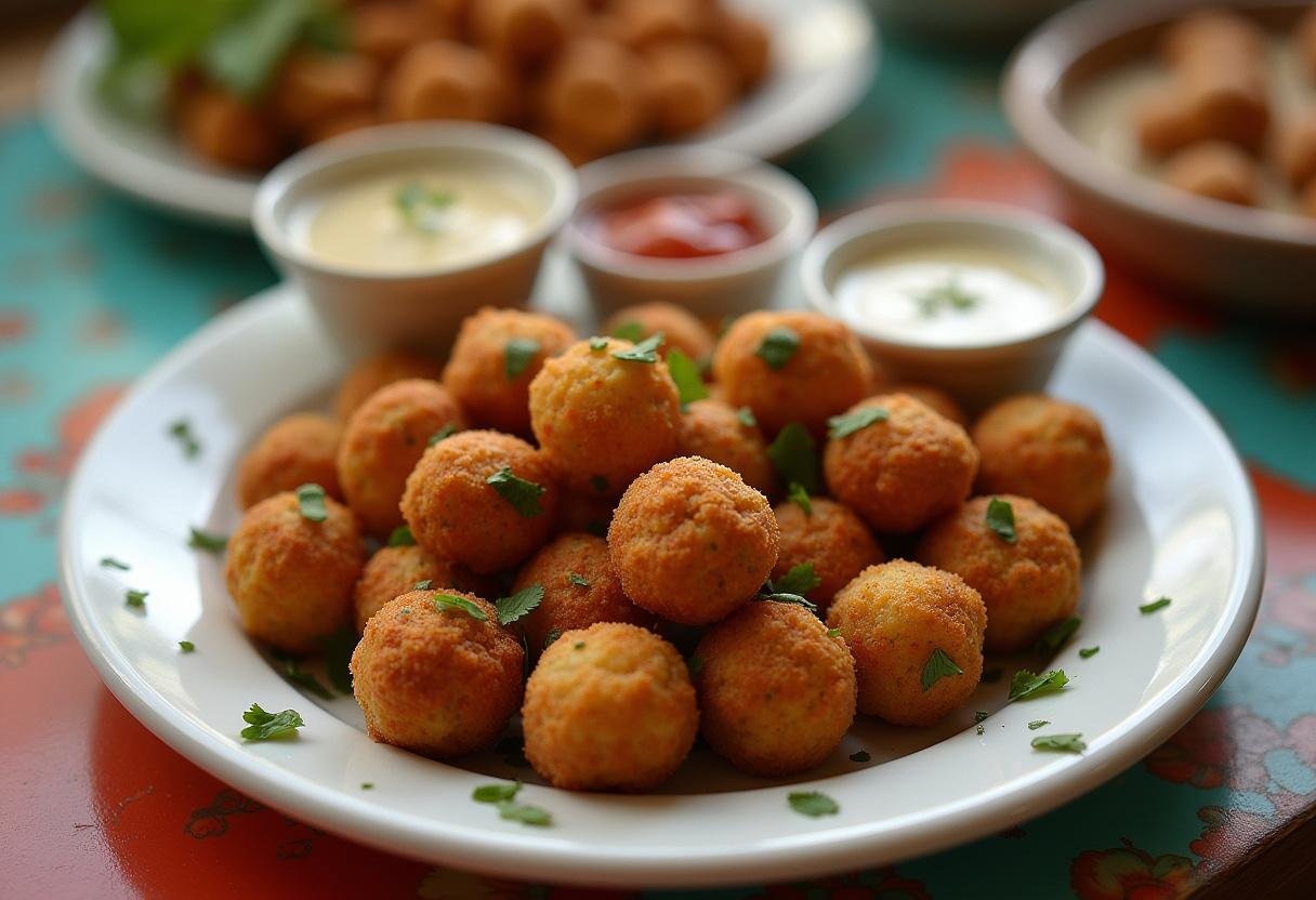 Delicious finished Cornballer Cornballs, served with sauces and garnished, perfect for parties.