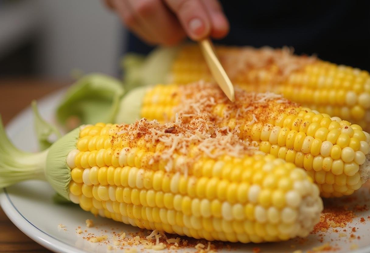 Corn cobs coated with sauce and garnishes for Arrow Starling City Street Corn.