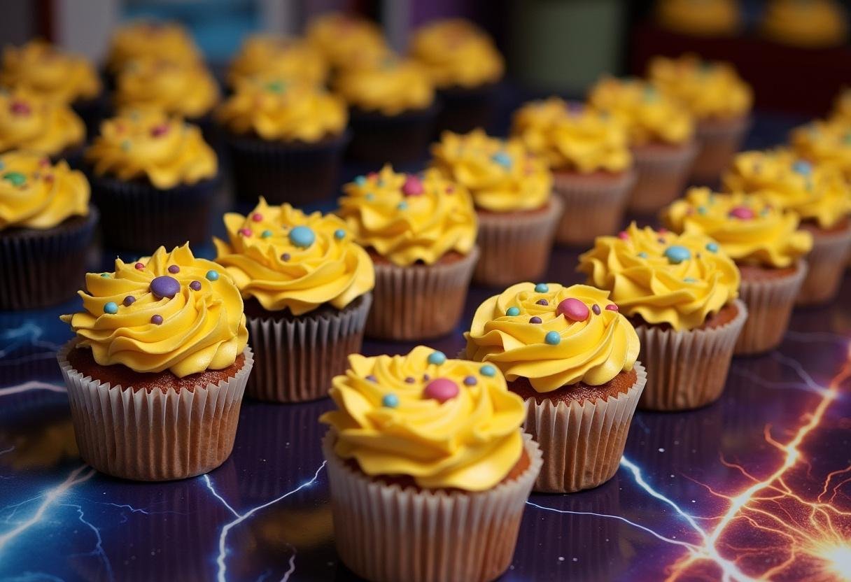 Finished Avengers Infinity Gauntlet Cupcakes with golden frosting and fondant stones, perfect for superhero parties.