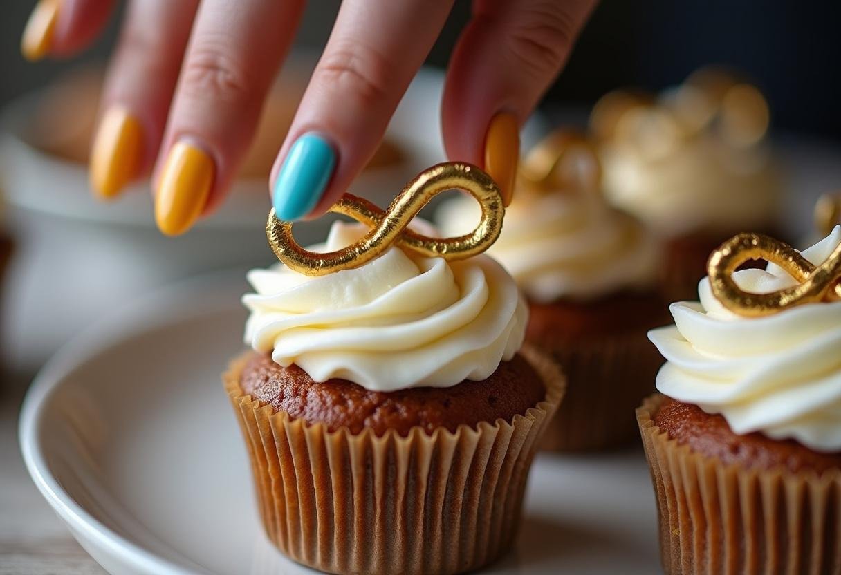 Edible gold fondant Infinity Stones being added to Avengers cupcakes.