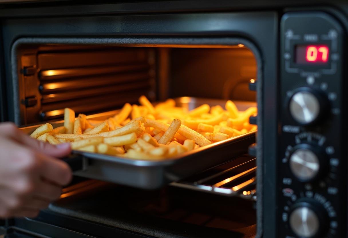 Placing the baking tray with fries into the oven for baking Flux Capacitor Fries.