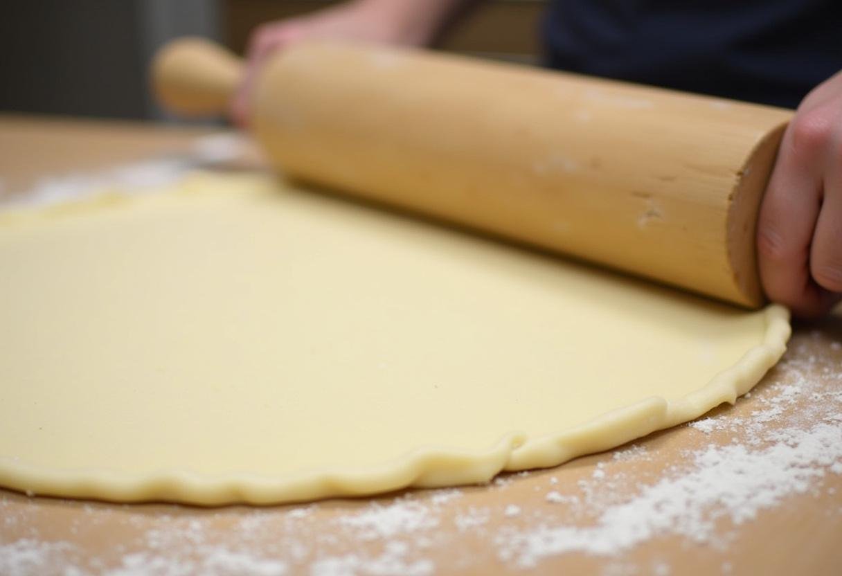 Flattening pizza dough for Back to the Future Pizza Rolls on a floured countertop.