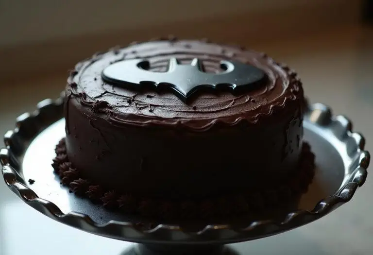Finished Batman Gotham Chocolate Cake with iconic Batman logo decoration.