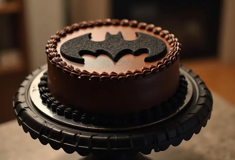 Finished Batman Gotham Chocolate Cake with iconic Batman logo decoration.