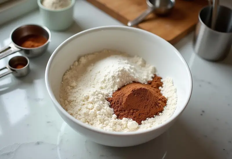 Dry ingredients for Batman Gotham Chocolate Cake being prepared in a mixing bowl.