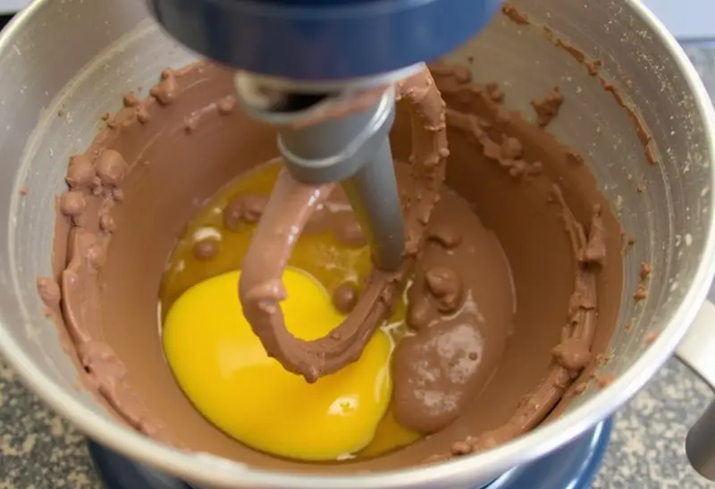 Chocolate cake batter being mixed in a stand mixer for Batman Gotham Chocolate Cake.