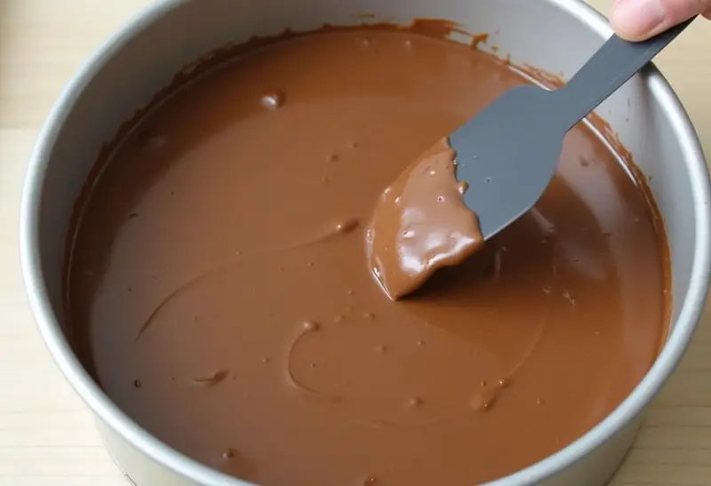 Chocolate cake batter poured into a greased pan for baking.