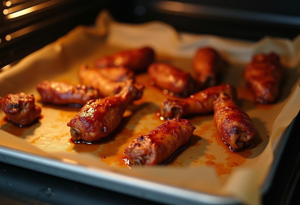 Baking tray with seasoned chicken wings prepared for cooking in the oven for Batman Gotham City Wings.