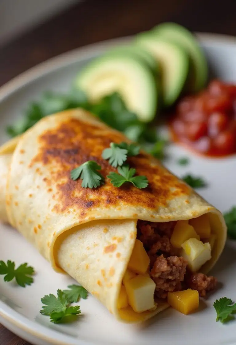 Delicious Better Call Saul Breakfast Burrito plated with salsa and avocado, perfect for breakfast.
