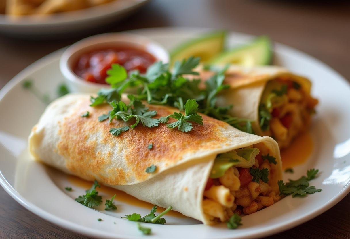 Delicious Better Call Saul Breakfast Burrito plated with salsa and avocado, perfect for breakfast.