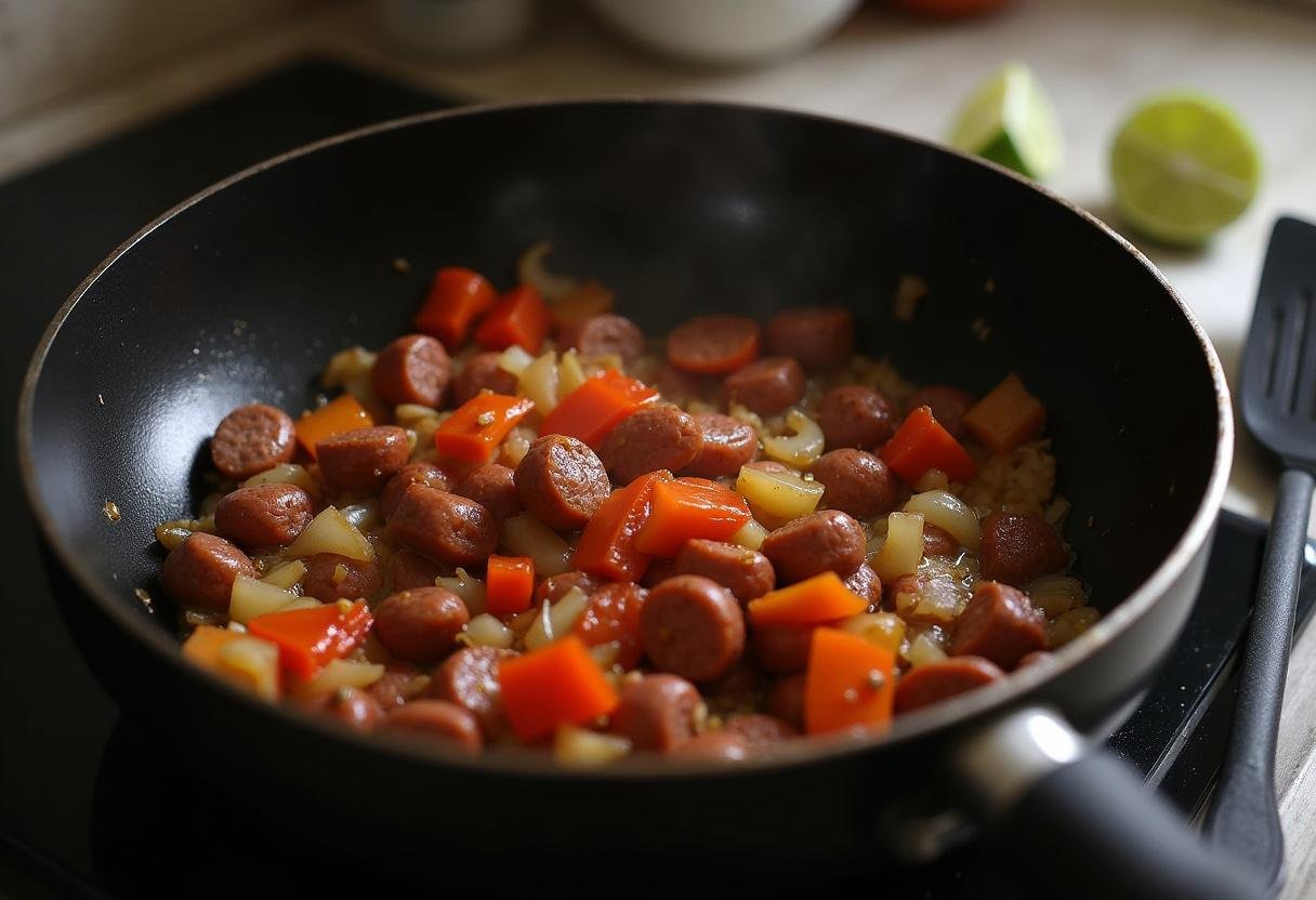 Cooking chorizo, bell peppers, and onions for Better Call Saul Breakfast Burrito.