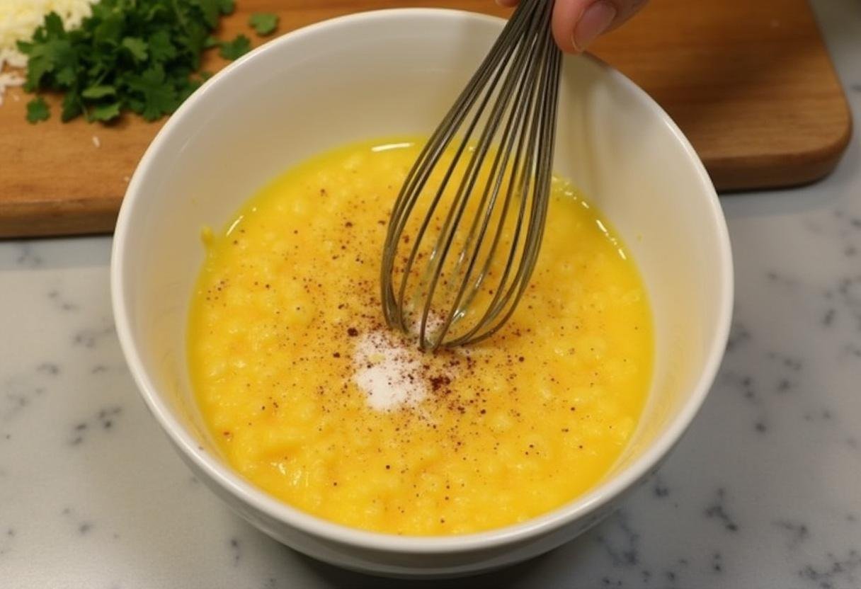 Whisking scrambled eggs with seasonings for Better Call Saul Breakfast Burrito.