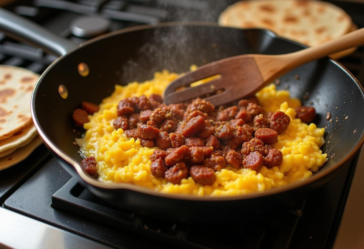 Chorizo and eggs being mixed together for a delicious breakfast burrito filling.