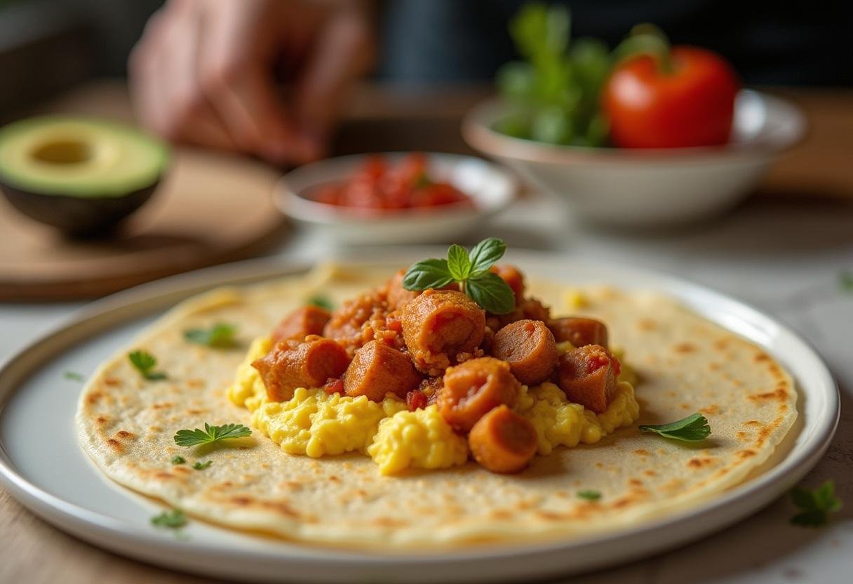 Filling a tortilla with chorizo and egg mixture for Better Call Saul Breakfast Burrito.
