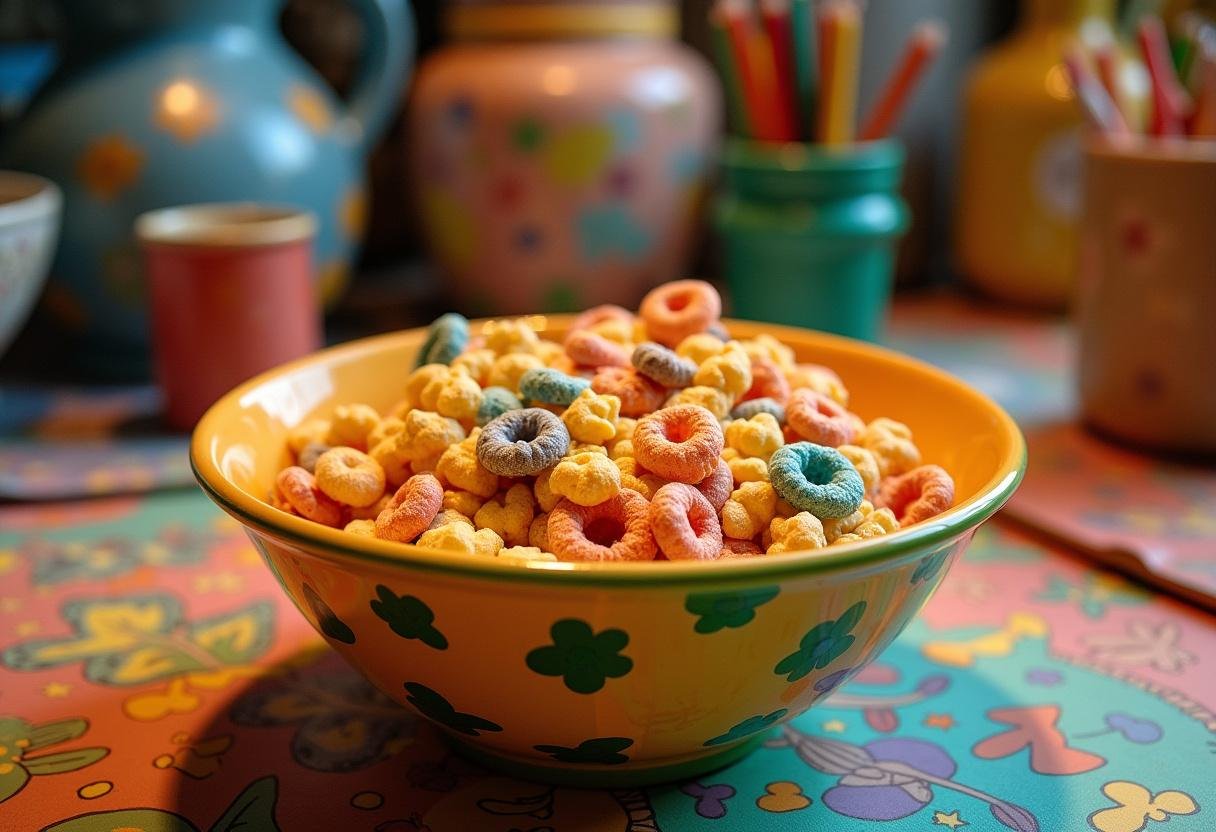 Completed Breaking Bad cereal bowl ready for enjoyment, surrounded by playful decorations.