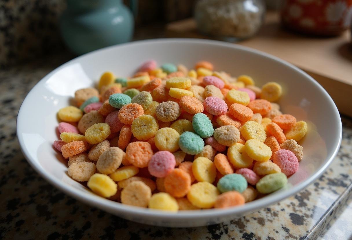 Colorful cereal pieces in a bowl inspired by Breaking Bad theme for a creative breakfast.