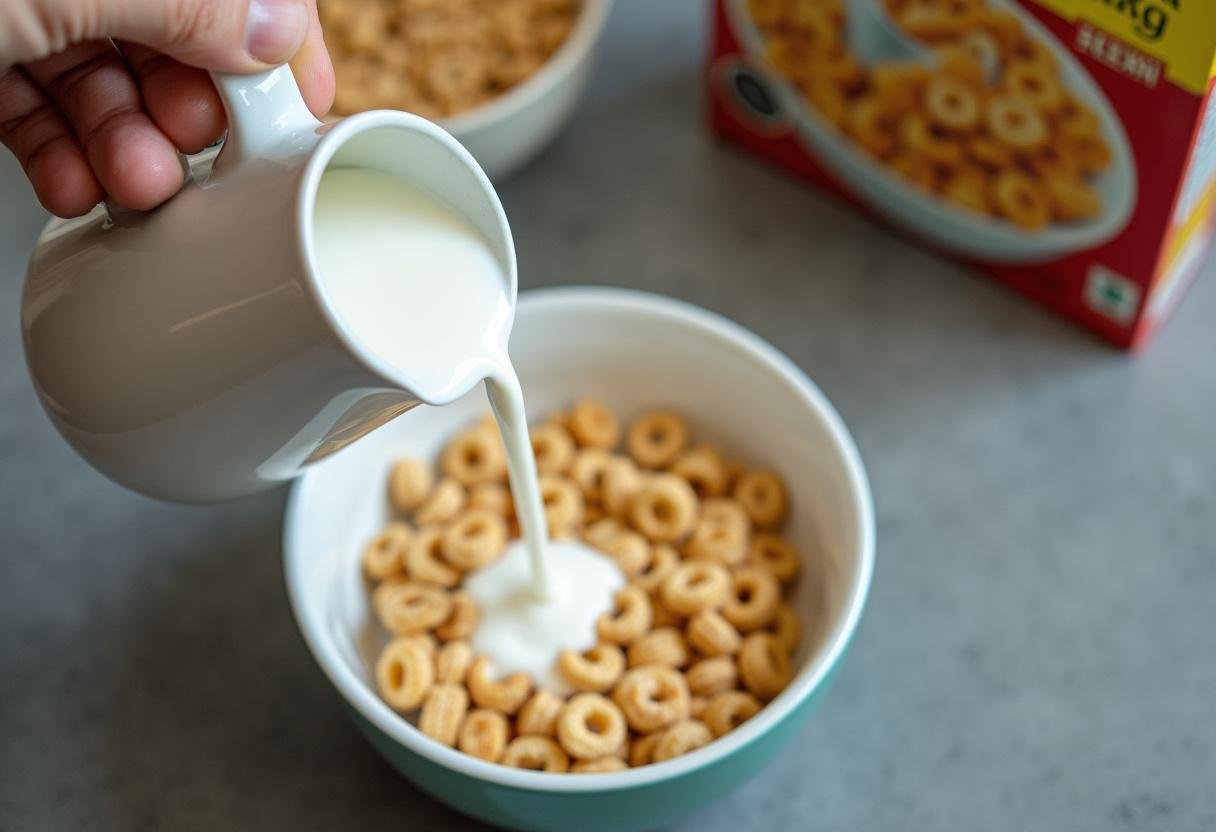 Pouring milk into a Breaking Bad themed cereal bowl, creating a fun breakfast scene.
