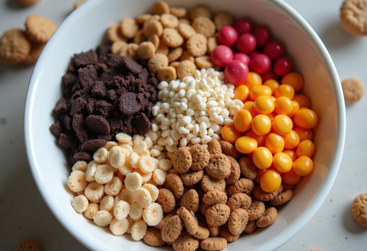 Variety of toppings like crushed cookies and candies for the Breaking Bad cereal bowl.