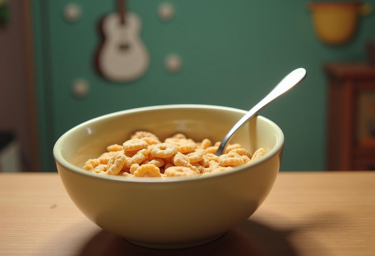 Whimsical spoon resting in a Breaking Bad cereal bowl, ready for a deliciously themed breakfast.