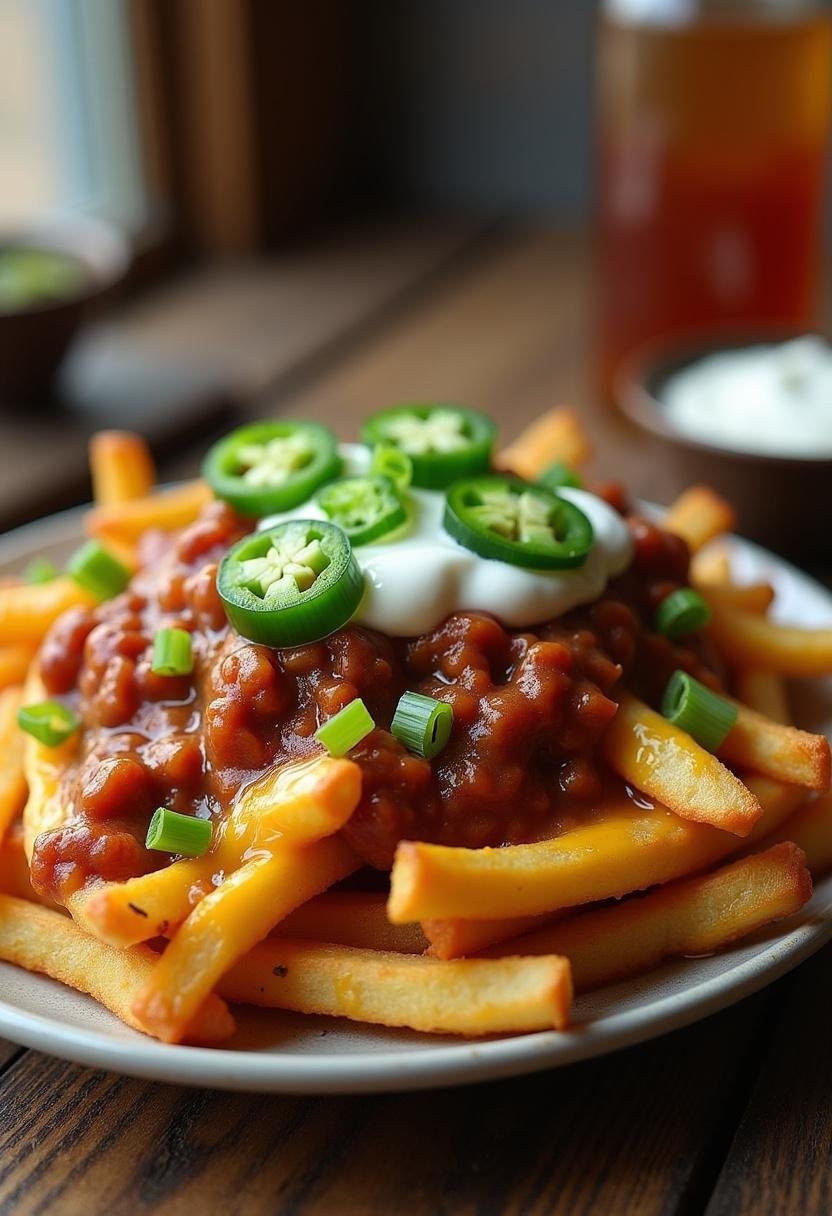 Delicious Breaking Bad Chili Cheese Fries with toppings, perfect for a movie night.