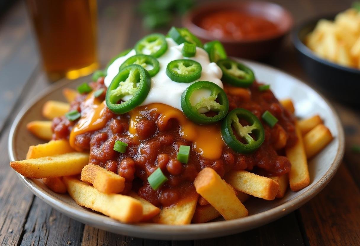 Delicious Breaking Bad Chili Cheese Fries with toppings, perfect for a movie night.