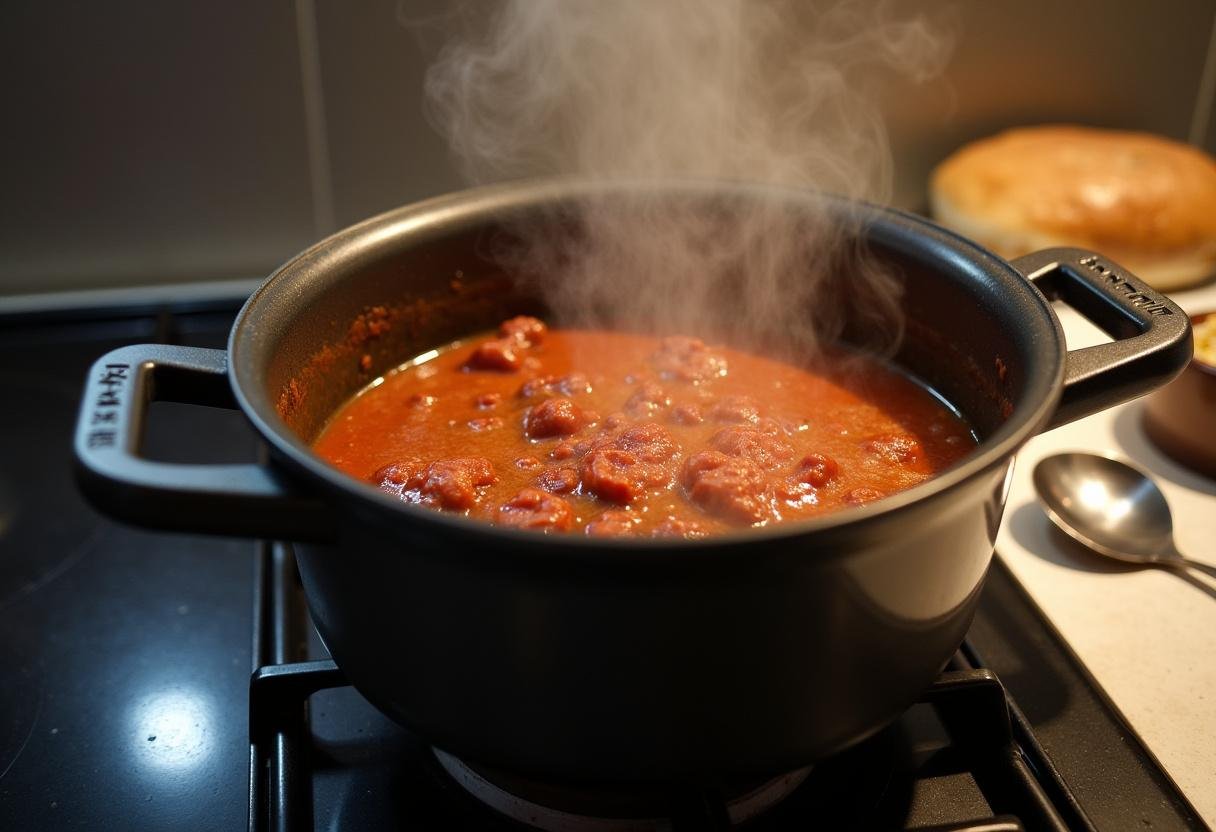 Simmering chili in a saucepan for Breaking Bad Chili Cheese Fries preparation.