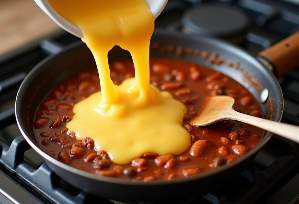 Melted cheese being combined with chili for rich flavor in Breaking Bad Chili Cheese Fries.