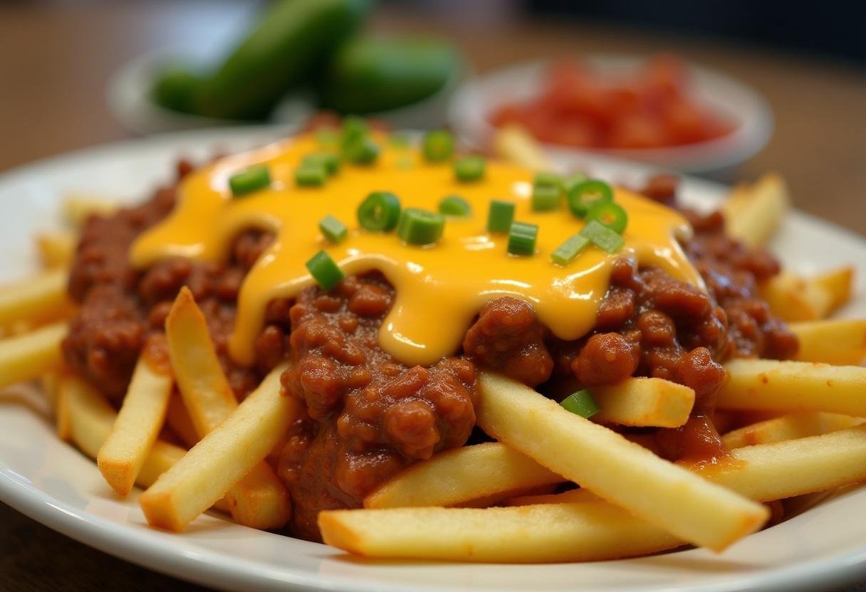 Platter of French fries topped with chili and cheese, prepared for Breaking Bad Chili Cheese Fries dish.