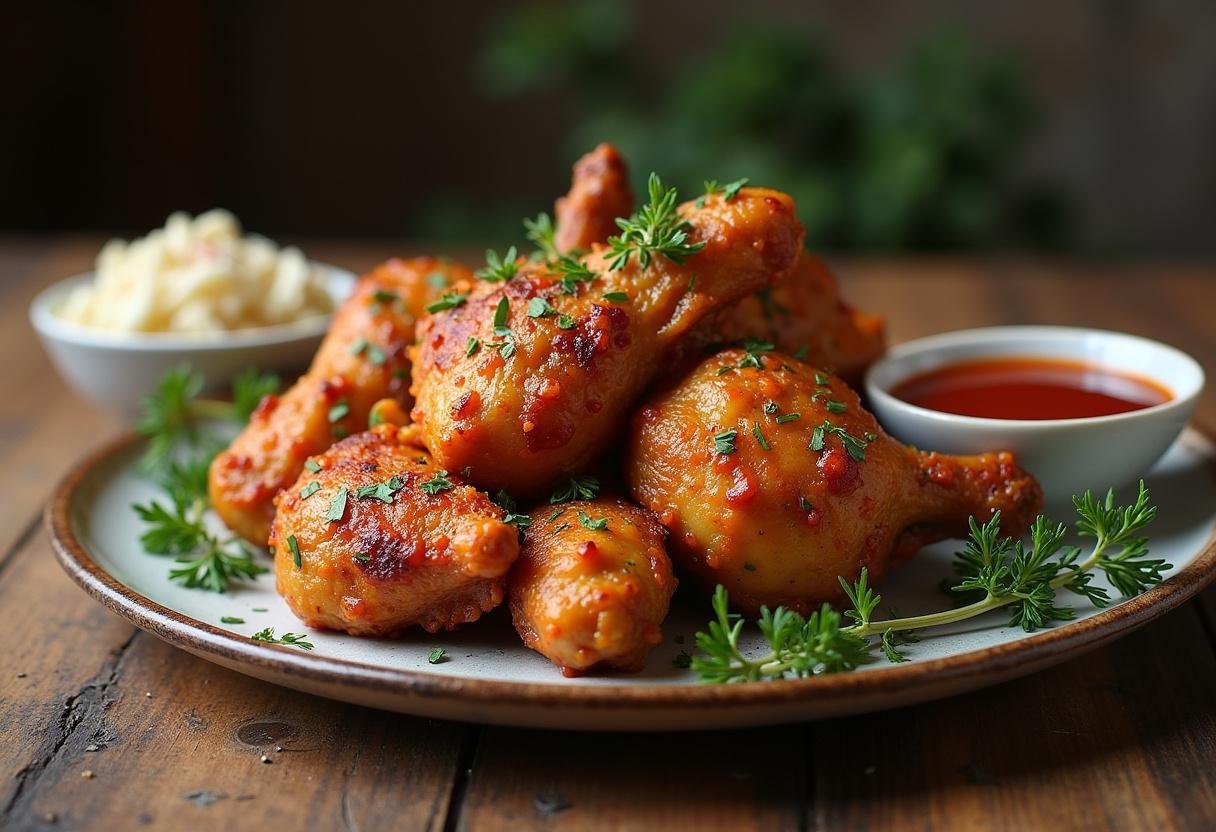 Final presentation of Los Pollos Chicken with dipping sauce, ideal for Breaking Bad fans.