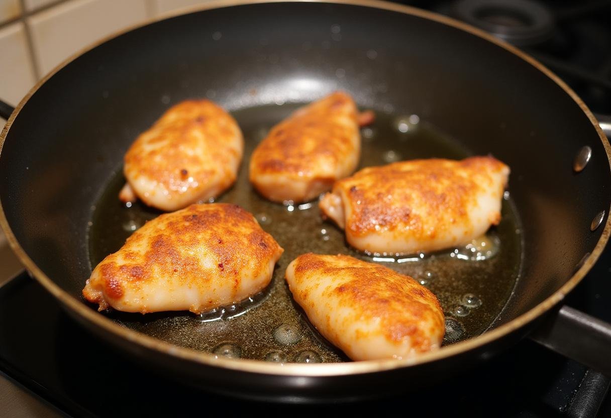 Sizzling chicken in a frying pan for Breaking Bad Los Pollos Chicken dish.