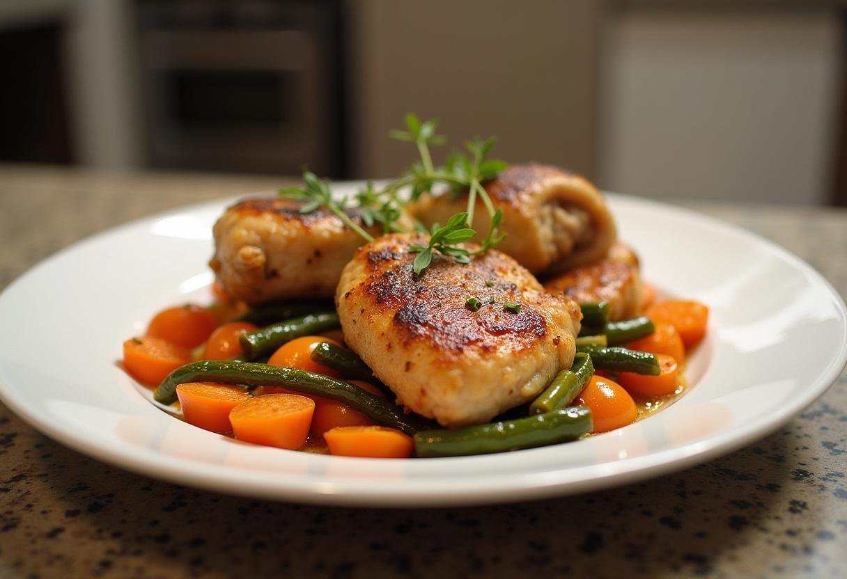 Plate of crispy chicken and sautéed vegetables from Breaking Bad Los Pollos Chicken recipe.