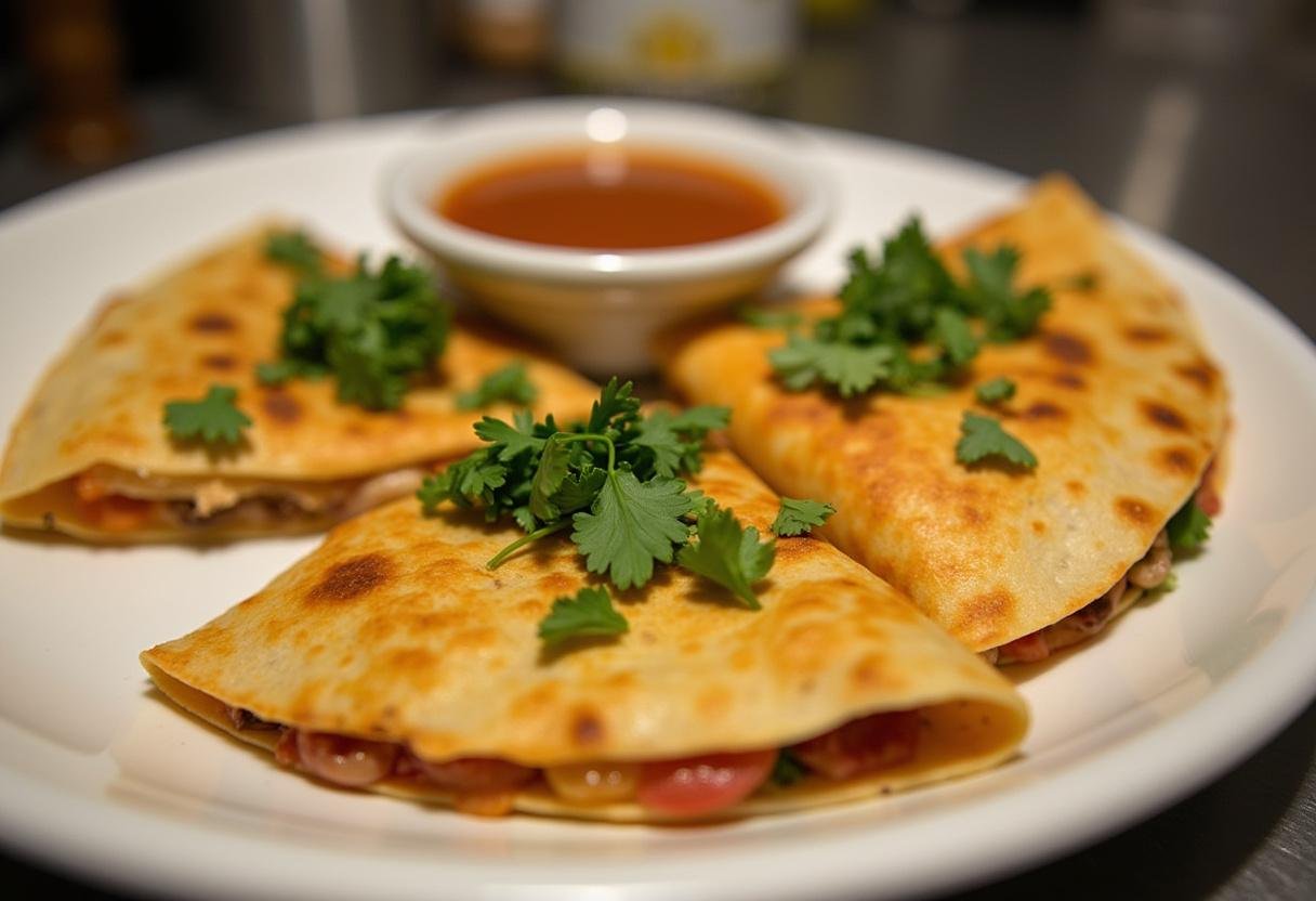 Finished Breaking Bad RV Quesadilla garnished and served with dipping sauce, perfect for fans of the show.