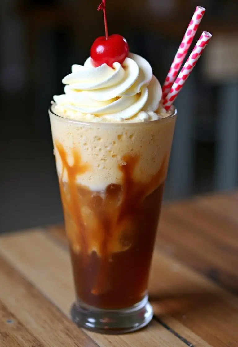 Delicious Breaking Bad Root Beer Float showcasing layers of ice cream and root beer, perfect for fans.