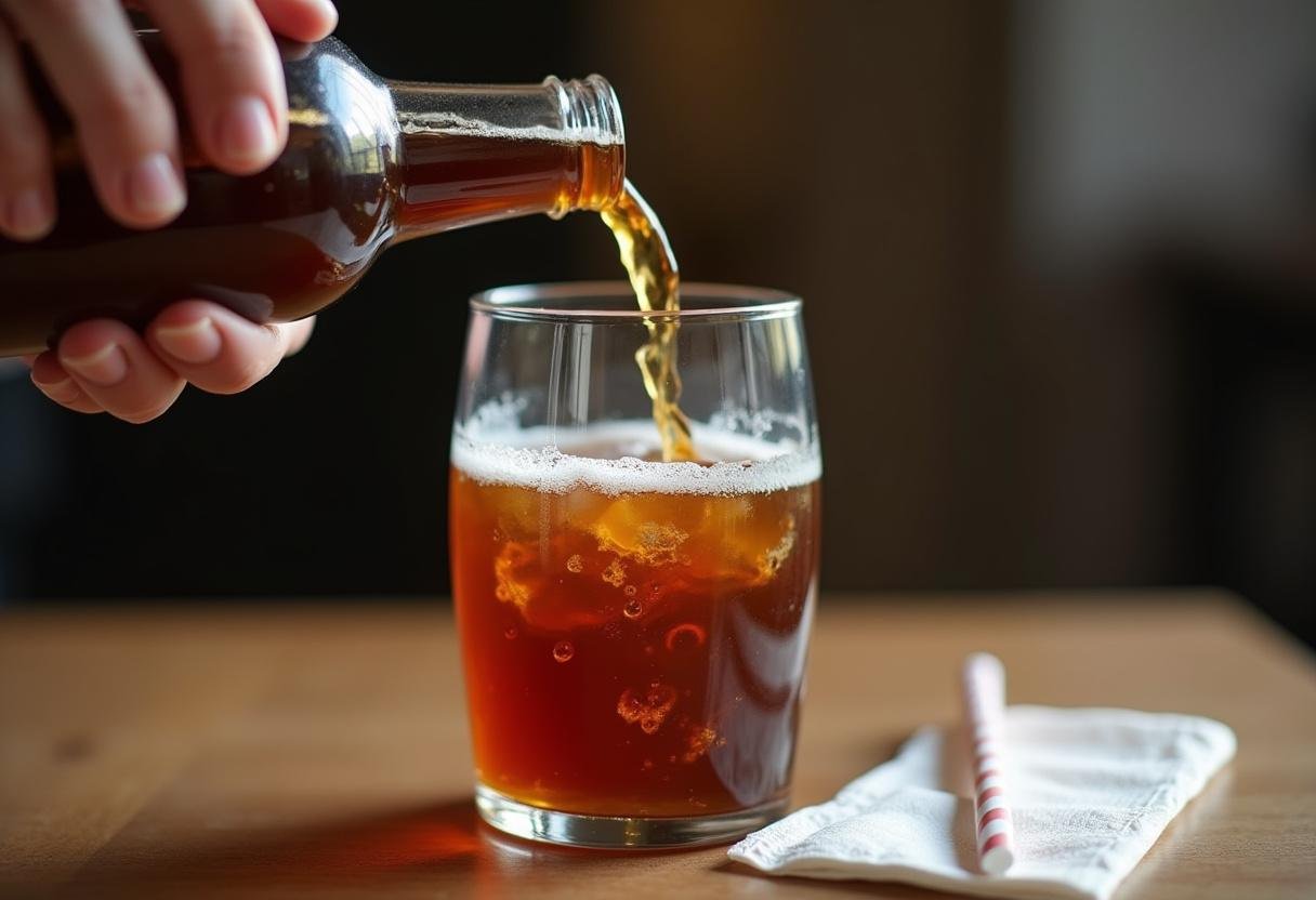 Pouring root beer into a glass with vanilla ice cream for a Breaking Bad Root Beer Float.