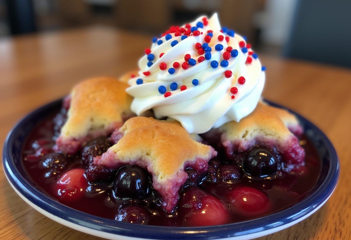 Finished Captain America Red, White, and Blueberry Cobbler with golden crust and patriotic toppings.