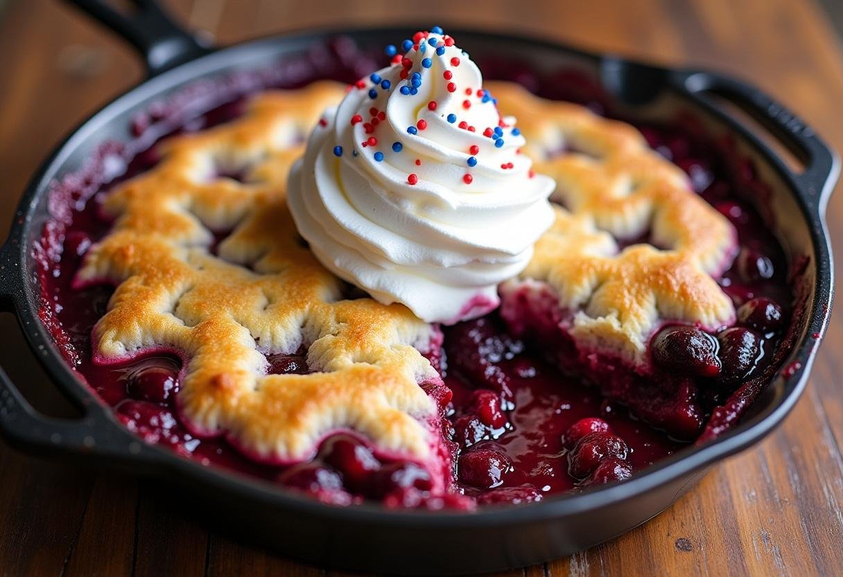 Finished Captain America Red, White, and Blueberry Cobbler with golden crust and patriotic toppings.