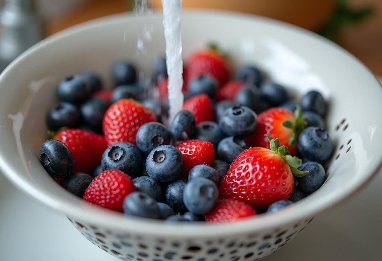 Fresh blueberries and strawberries being washed for Captain America Red, White, and Blueberry Cobbler.