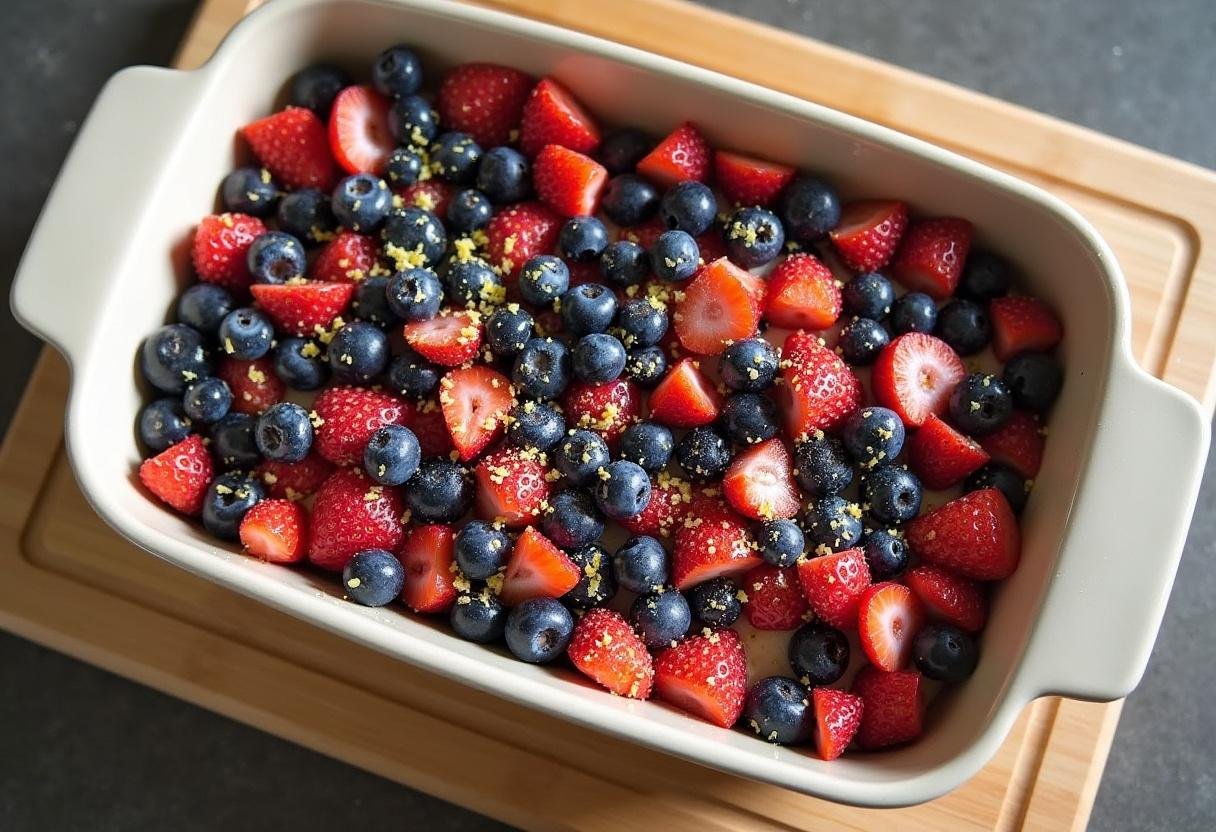 Mixed berries layered in a baking dish for Captain America cobbler.