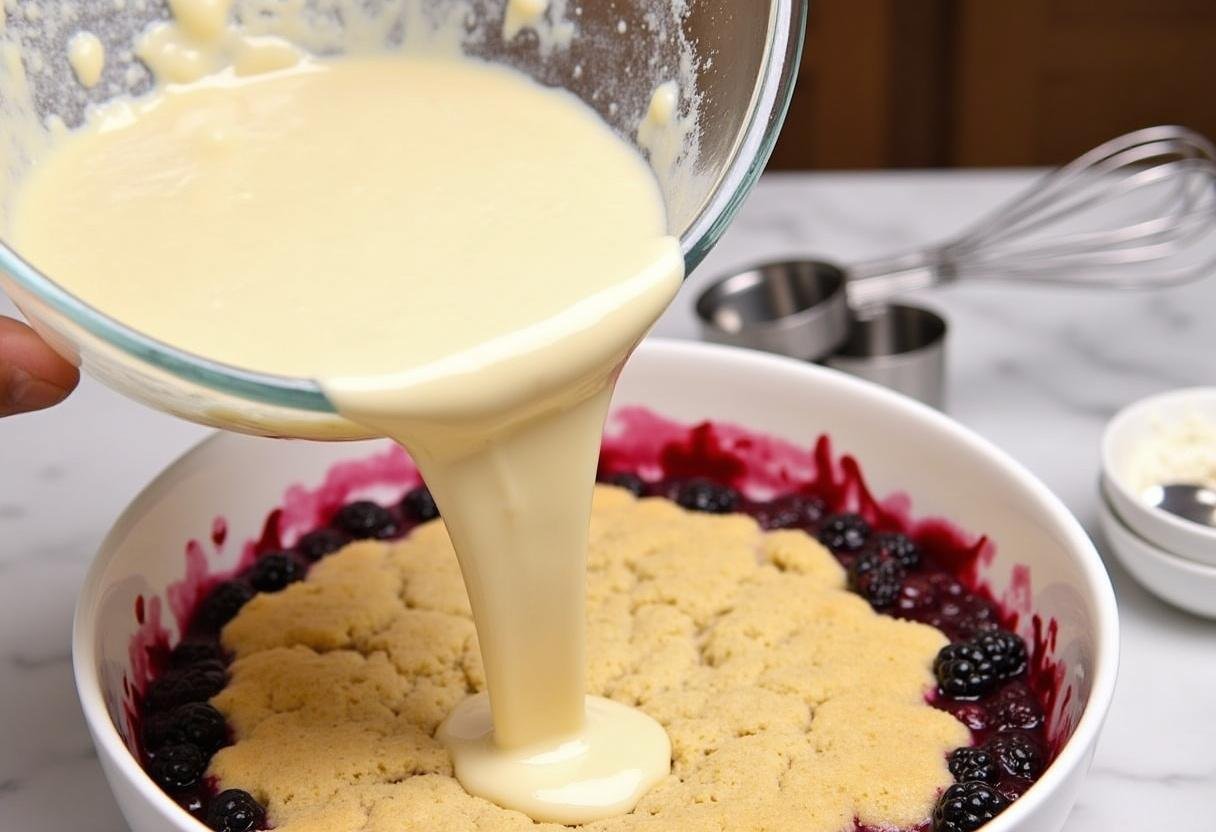 Cobbler batter being poured over berries for Captain America dessert.