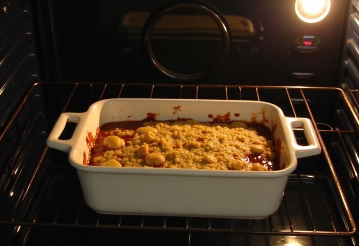 Baking dish with Captain America cobbler being placed in the oven.