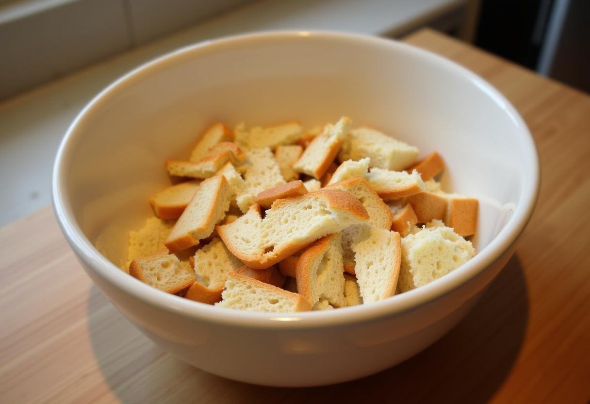 Torn bread pieces in a mixing bowl for Charmed Halliwell Hearth Bread Pudding.
